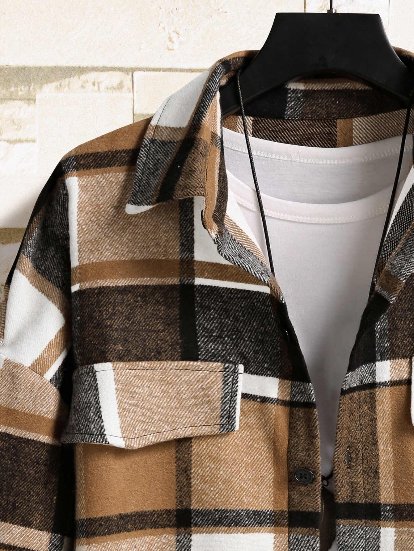 Manfinity Homme Men Plaid Flap Detail Drop Shoulder Overcoat without Tee