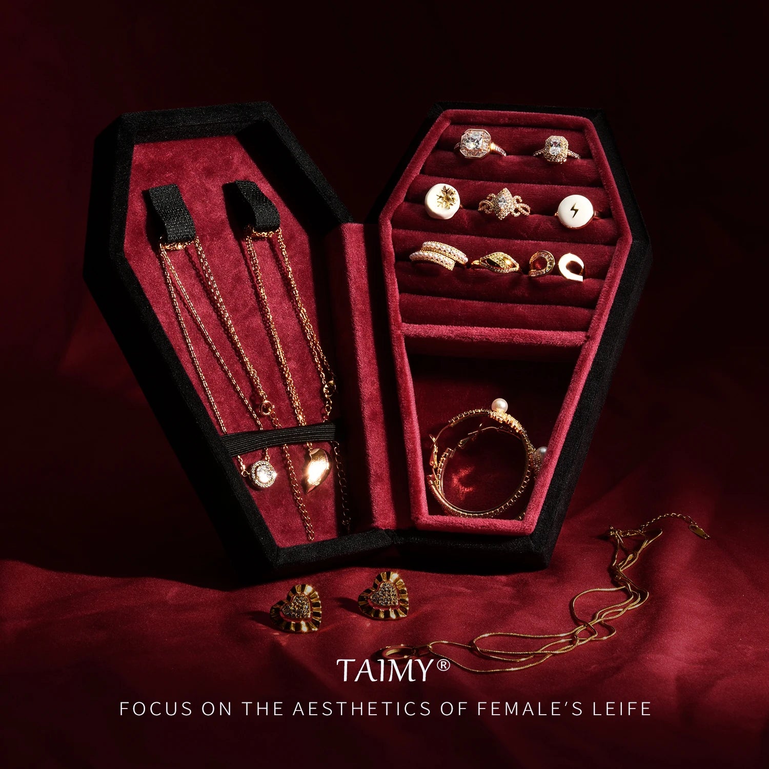 TAIMY Saints' Day Party Supplies Custom Velvet Gothic Coffin Jewelry Box Gothic Skull Trinket Box Halloween Gift