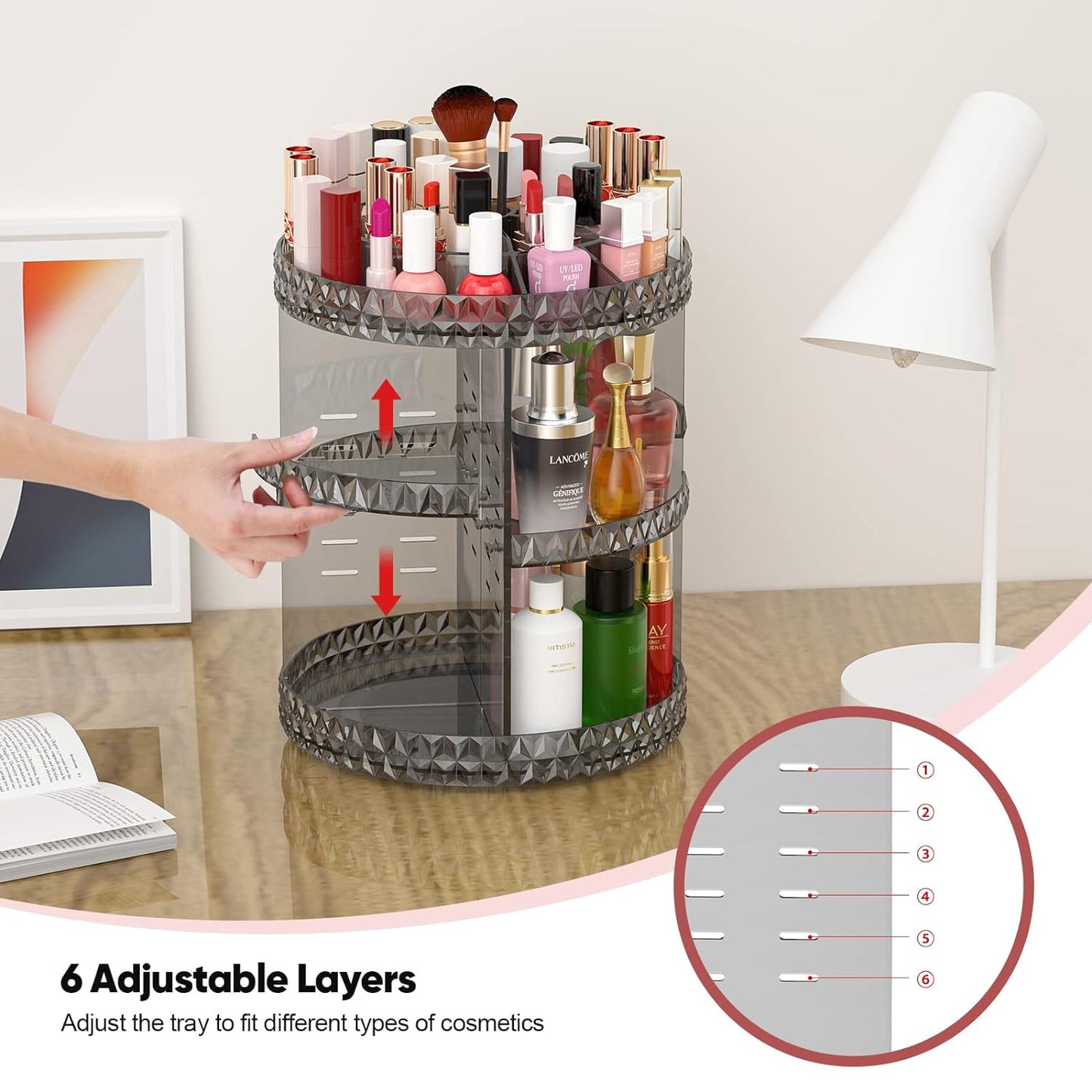 Expansive Storage: Our makeup organizer offers generous space for your cosmetics. With room for skincare products, lipsticks, perfumes, Eyebrow Pens, and makeup brushes, this ingenious design optimizes your storage, ensuring your cosmetics are neatly organized and easily accessible.